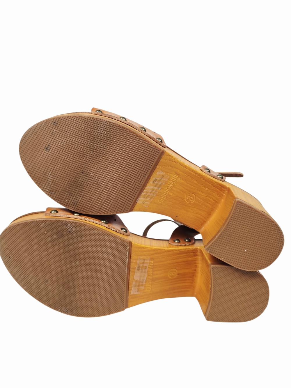 Women's Tan Woodgrain Look Laser-Cut Block Heel Sandals with Ankle Strap - Picture 11 of 16